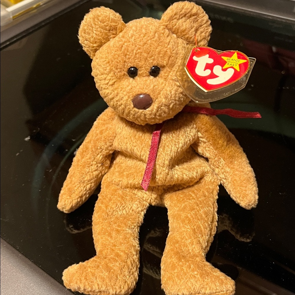 Ty Tan Plush Bear with Red Ribbon